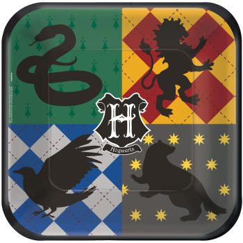 Hogwarts house crests on a square plate.
