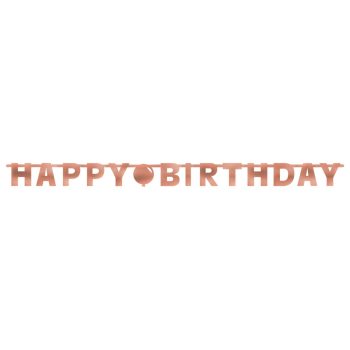 Rose gold 'Happy Birthday' banner decoration.