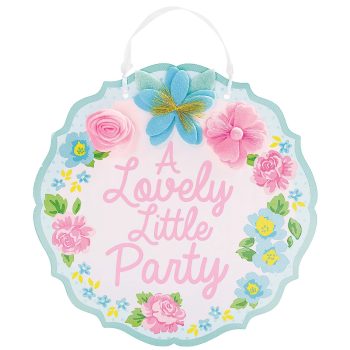 Floral party sign with colorful flowers.