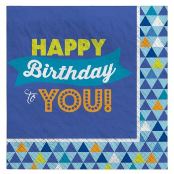 Happy Birthday message on colorful patterned background.
