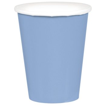 Blue paper cup with white lid.