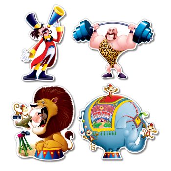 Circus characters: ringmaster, strongman, lion, elephant.