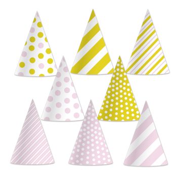 Colorful patterned party hats on display.