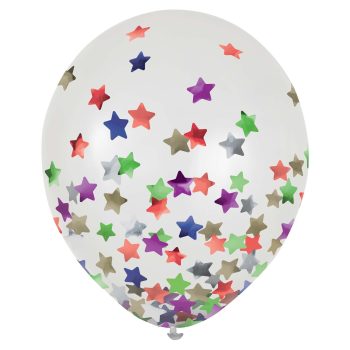 Balloon with colorful star patterns on white.