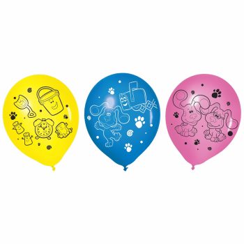 Yellow, blue, and pink balloons with illustrations.