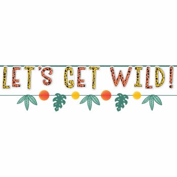 Let's Get Wild" text with tropical leaves.