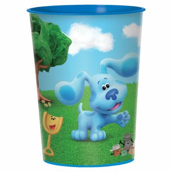 Blue cartoon dog on a colorful cup.