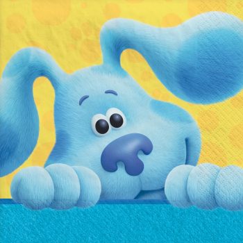 Cartoon blue dog with floppy ears smiling.