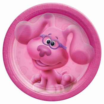 Pink cartoon dog with purple glasses.