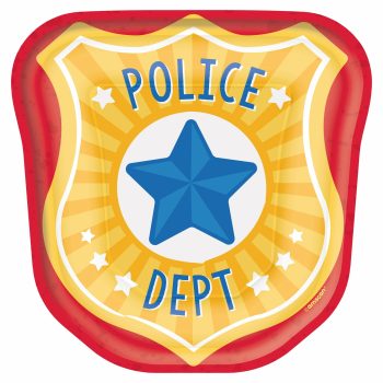 Police badge with blue star and stripes.