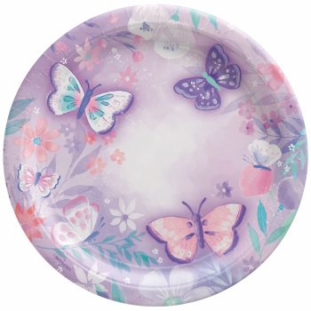 Purple plate with colorful butterflies and flowers.