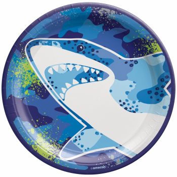 Shark-themed paper plate with colorful design.