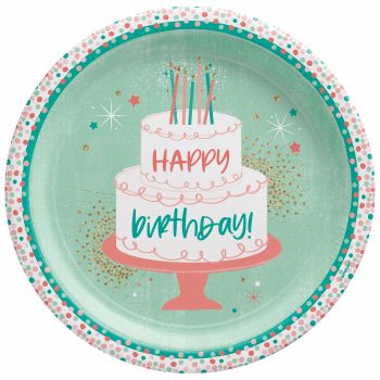 Birthday cake illustration on decorative plate.