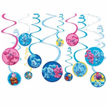 Blue and pink cartoon dog spiral decorations.