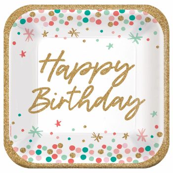 Happy Birthday plate with colorful confetti design.