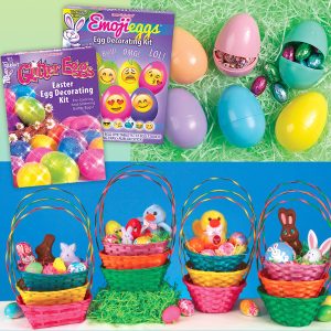 Colorful Easter eggs and decorative baskets display.