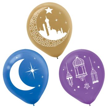 Crescent and lantern designs on colorful balloons.