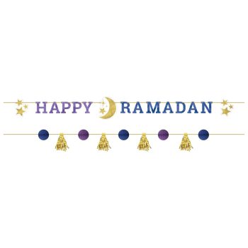 Happy Ramadan banner with stars and tassels.