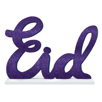 Purple glittery "Eid" decoration on display.