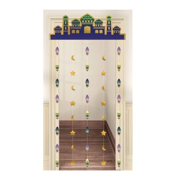 Doorway with Islamic-themed hanging decorations.