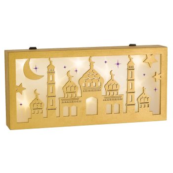 Gold mosque silhouette with stars and moon.