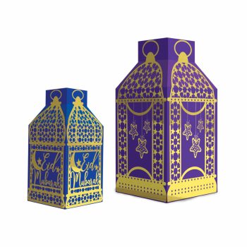 Eid Mubarak decorative lanterns, blue and purple.