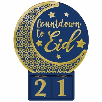 Gold crescent moon with Eid countdown numbers.