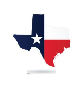 Texas map with flag colors and star.