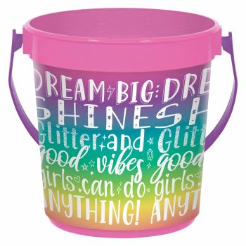 Colorful bucket with motivational words.