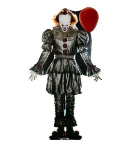 Clown with red balloon and ruffled costume.