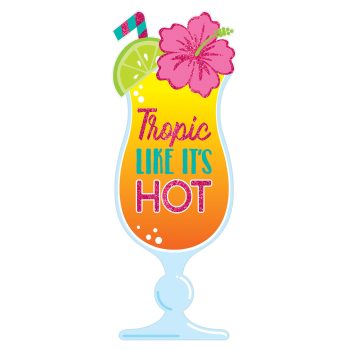 Tropical drink with flower and lime garnish.