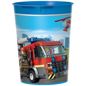 LEGO-themed cup with fire truck design.