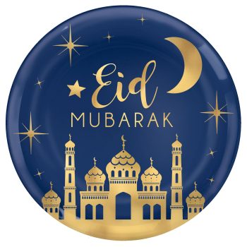 Eid Mubarak with mosque and crescent moon.
