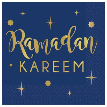 Ramadan Kareem" with golden stars on blue.