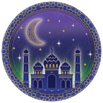 Mosque silhouette with crescent moon and stars.