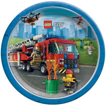 LEGO City fire truck and firefighters scene.