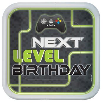 Video game-themed "Next Level Birthday" design.