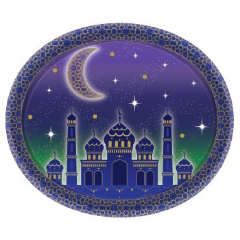 Mosque silhouette under crescent moon and stars.