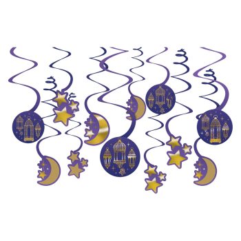 Purple and gold hanging decorations with stars.
