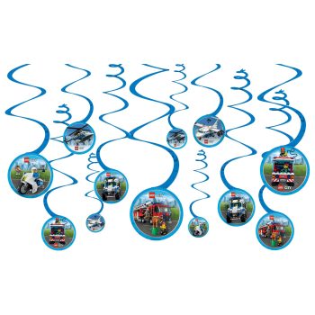 Blue LEGO-themed party hanging swirl decorations.
