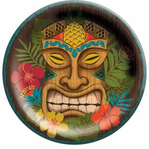 Tiki mask with flowers and leaves design.