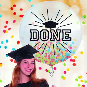 Graduate with cap holding "Done" balloon.