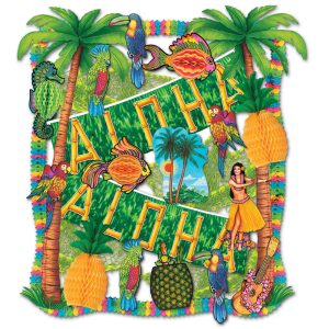 Colorful tropical aloha-themed collage with pineapples.