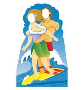 Hawaiian-themed cutout of couple surfing.