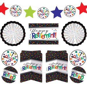 Retirement party decorations with colorful designs.