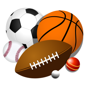 Various sports balls on a black background.