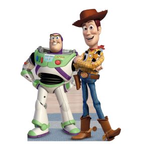 Buzz Lightyear and Woody standing together smiling.