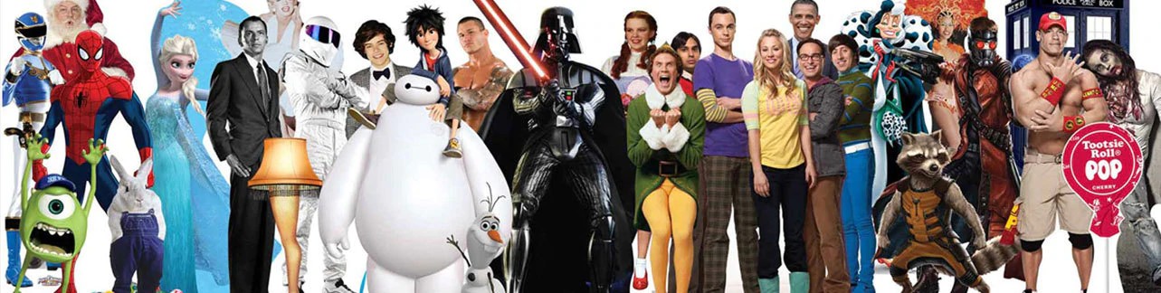 Various iconic fictional characters standing together.