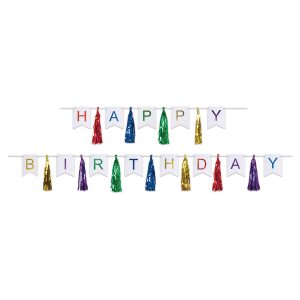 Colorful birthday banner with tassels.