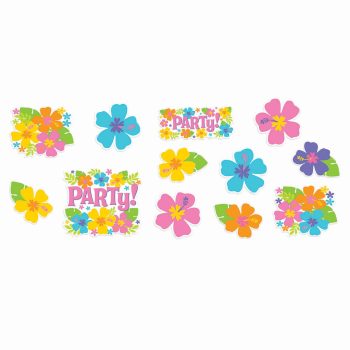 Colorful floral decorations with "Party" text.
